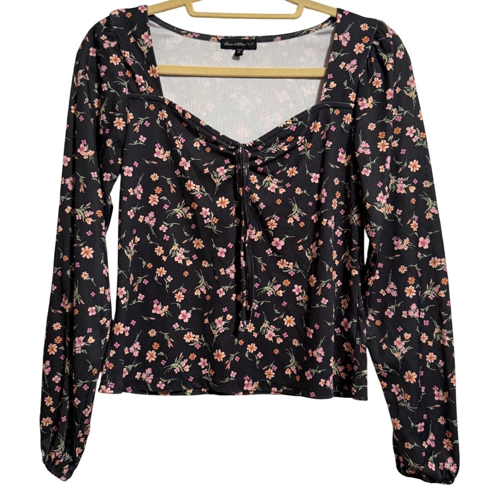 Ever After Black Floral Ribbed Square Neck Tie Front Long Sleeve Top Medium